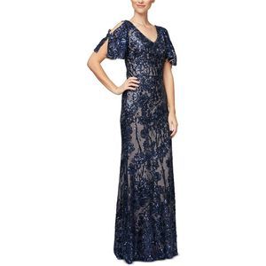 Alex Evenings Womens Sequin Gown Dress, Blue, NWT